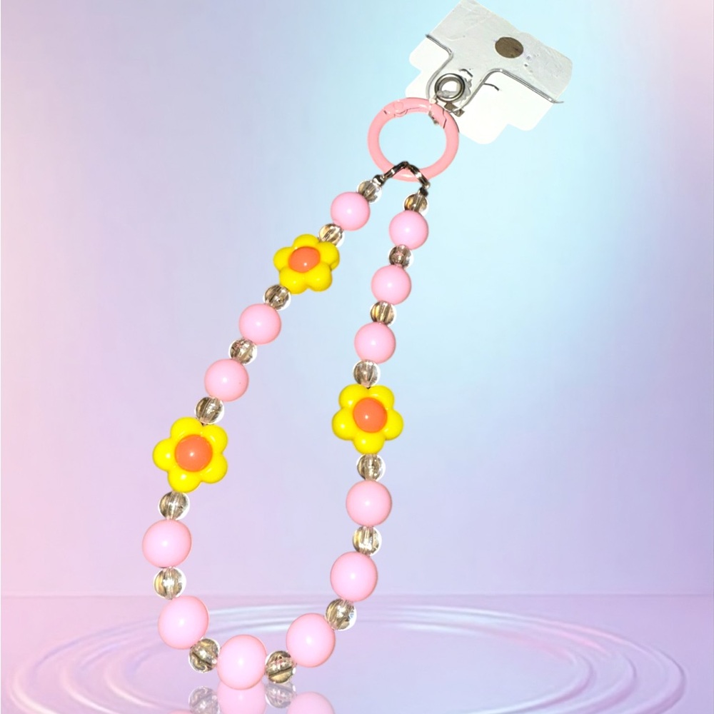 Pink and Yellow Beaded Wristlet Lanyard